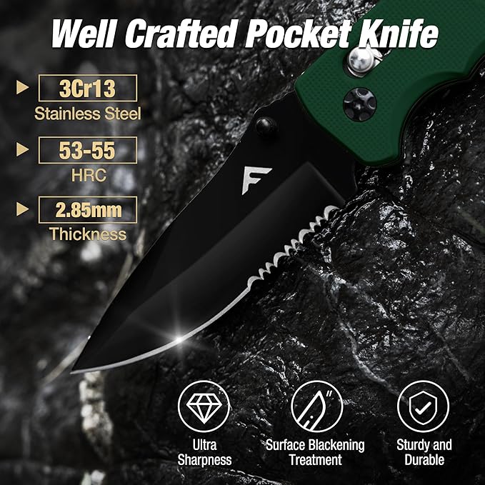 FLISSA Folding Pocket Knife with Clip, Glass Breaker and Seatbelt Cutter, Survival Knife for
