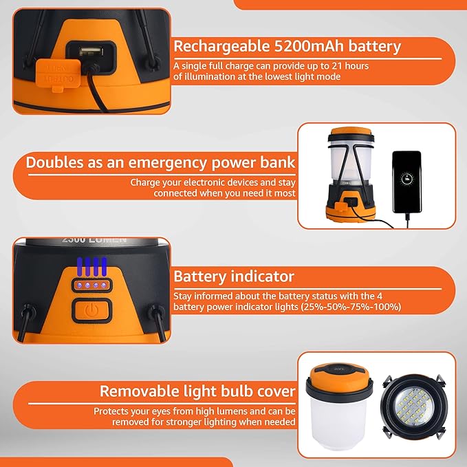 Rechargeable LED Camping Lantern - Power Outages, Hurricanes, Emergency, Hiking, Outdoor - Bright