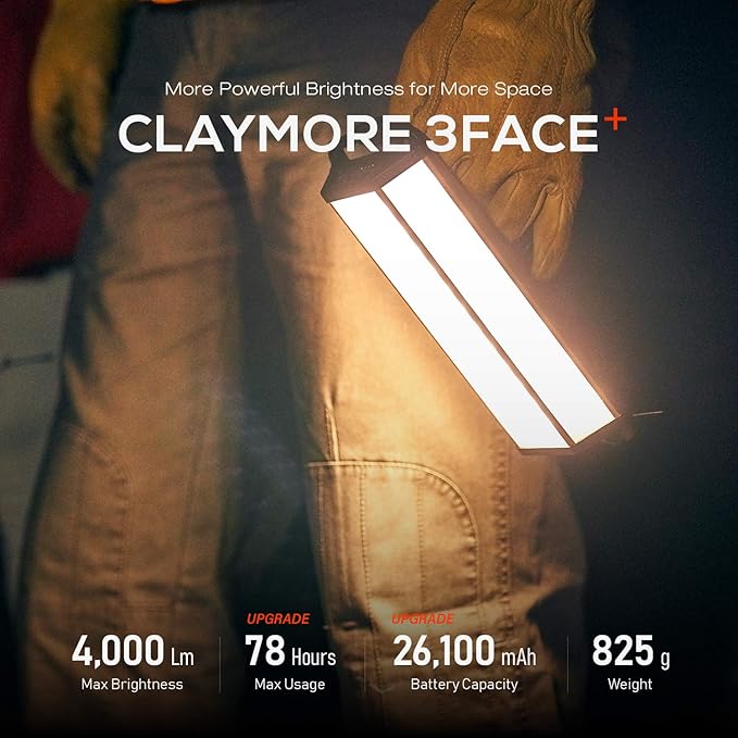 CLAYMORE 3 FACE+ (Large) - Rechargeable LED Area Light for Outdoors, Camping, Tent, Work