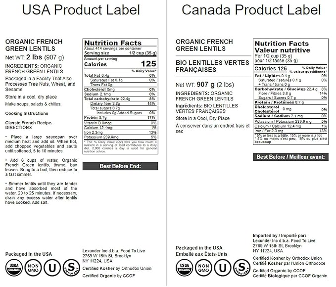 Food to Live Organic French Green Lentils, 2 Pounds ??Non-GMO, Whole Dry Beans, Raw, Sproutable