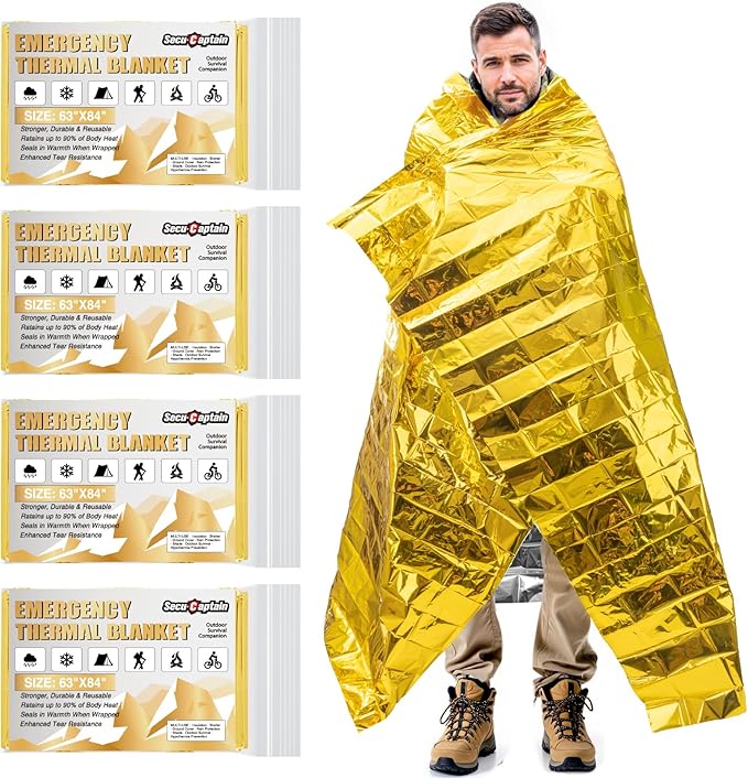 SecuCaptain Survival Emergency Thermal Blankets: Extra Large 84??x63??Space Mylar Blanket Kit for