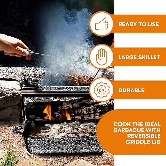 Bruntmor 3-in-1 Pre-Seasoned Cast Iron Pan with Reversible Grill Griddle Lid - 17.8"x11"x3.3"