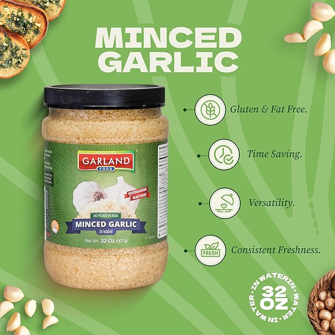 Garland Food Minced Garlic in Water 32 oz ??Made in the USA - Minced Garlic in Jar for Fresh