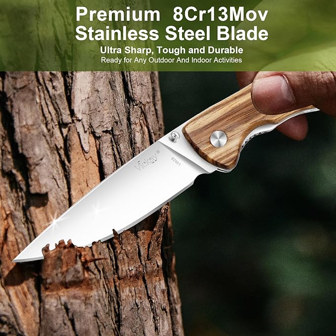 Vickay Pocket Knife for Men, Folding Knife with Clip, 3.74" 8Cr13MoV Steel Blade, Wood Handle EDC