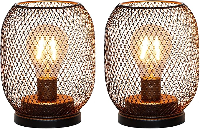 TRIROCKS Set of 2 Battery Operated Lamp LED Table Lantern, Metal Cage Cordless Lamps with LED Bulb
