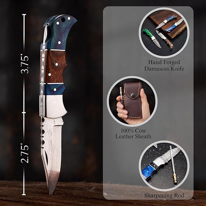 Personalized Folding Knife - Damascus Blue Pocket Knife, Engraved Gift for Dad, Son, Husband
