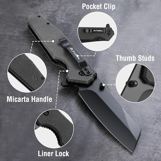 FLISSA Pocket Knife, 3.5" Folding Stonewash Blade Tactical Knife, Micarta Handle, for Outdoor