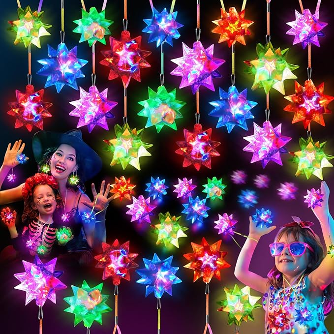 HONLYNE24 PCS Flashing Crystal Star Necklaces, Glow Necklaces Bulk Light up Party Favors, LED Glow