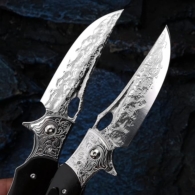 3.5 inch Japanese VG10 Damascus Steel Outdoor Folding Knife with Black Wood Handle, Lined Lock, EDC