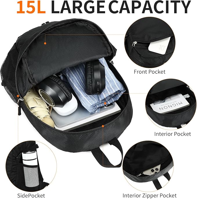 Small Hiking Daypack,15L Water-Resistant Hiking Backpack Packable Lightweight Travel Day Pack for