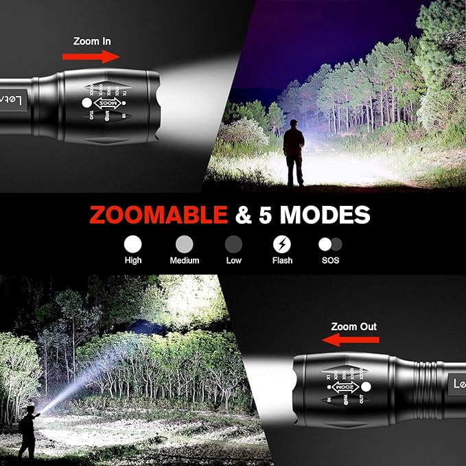 LETMY LED Tactical Flashlight S2000 [4 Pack] - High Lumens, Zoomable, 5 Modes, Waterproof Handheld