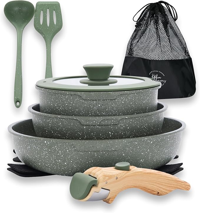 10 Pcs Pots and Pans Set Non Stick, Nonstick Kitchen Cookware Sets Detachable Handle, Induction