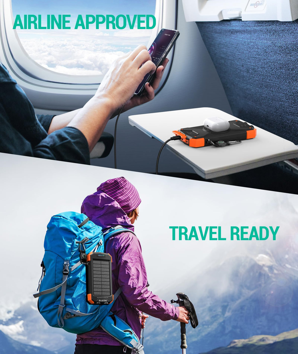 BLAVOR Solar Power Bank 10,000mAh, Portable Wireless Charger, 20W Fast Charging External Battery