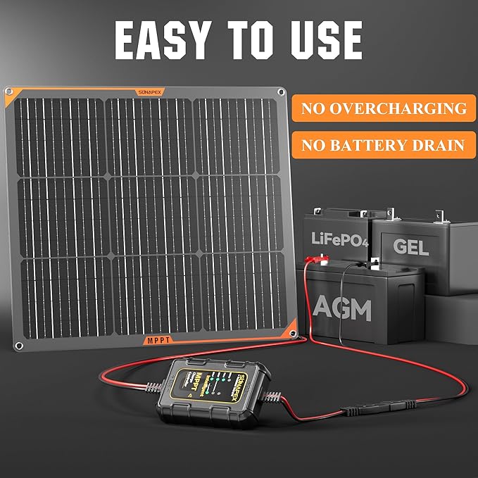 SUNAPEX 50W Flexible Solar Panel with MPPT Charge Controller, Solar Battery Charger Maintainer, 12V