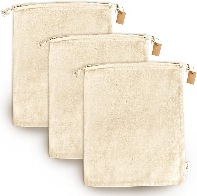 LEAFICO Reusable Produce Storage Bags - XX-Large 19x23 3 Pack - Breathable Muslin Fabric Sacks with