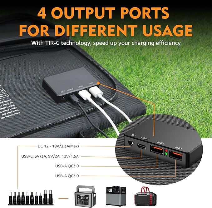 Foldable Solar Panel Charger 60W with 18V DC Output (11 Connectors) for 100W~350W Portable Power