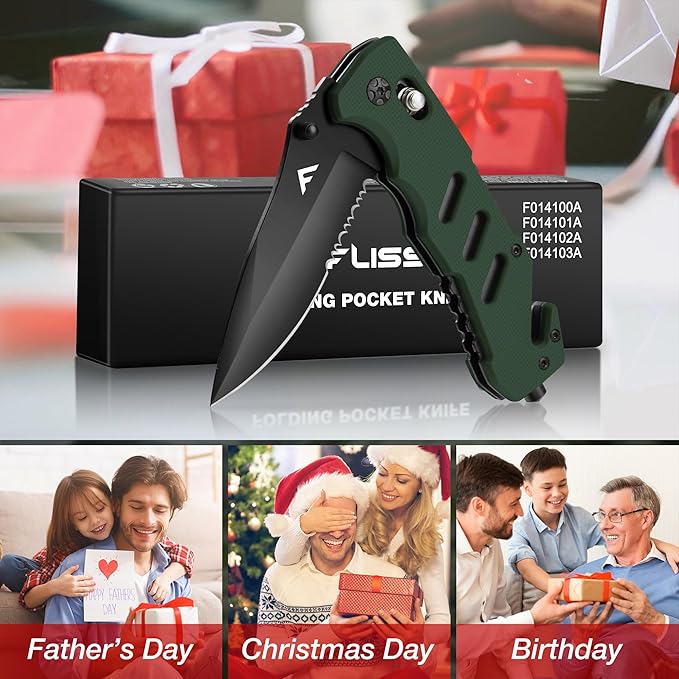 FLISSA Folding Pocket Knife with Clip, Glass Breaker and Seatbelt Cutter, Survival Knife for