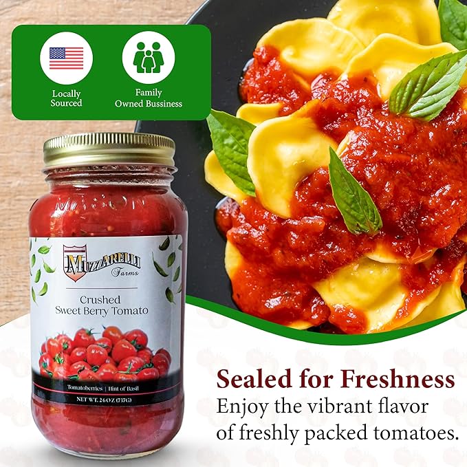 Muzzarelli Farms Crushed Sweet Berry Tomato with Basil, 26 OZ, Quantity Discounts, Multi-Packs