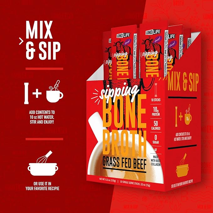LonoLife Beef Bone Broth Powder Mix | Grass-Fed, 10g Protein | Collagen-Rich, Keto & Paleo Friendly