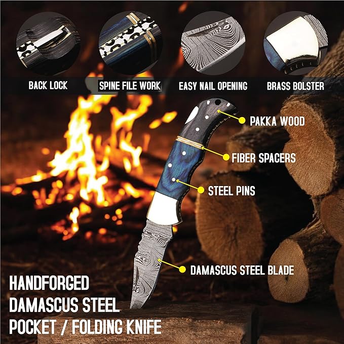 6.5 inch Damascus Pocket Knife with Sheath, Handmade Folding Pocket Knife for Men, Black-Red Wooden
