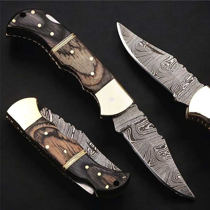 6.5 inch Damascus Pocket Knife with Sheath, Handmade Folding Pocket Knife for Men, Black-Red Wooden
