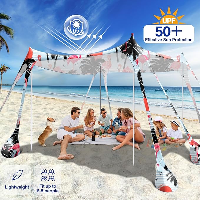 Rhino Valley Beach Tent Shade Canopy UPF50+ Protection, 8 Sandbags, 4 Stability Poles, Outdoor Sun
