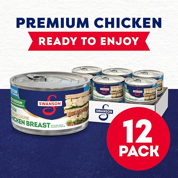 Swanson 25% Less Sodium White Premium Chunk Canned Chicken Breast in Water, 12.5 OZ Can (Case of 12)