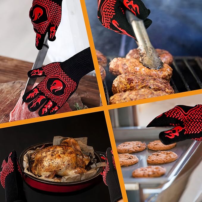 BBQ Fireproof Gloves, Grill Cut-Resistant Gloves 1472°F Heat Resistant Gloves, Non-Slip Silicone