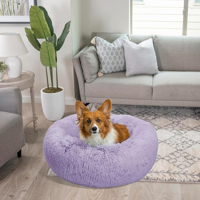 Best Friends by Sheri Original Calming Donut Dog and Cat Bed, Shag Faux Fur, Lavender, (30in x