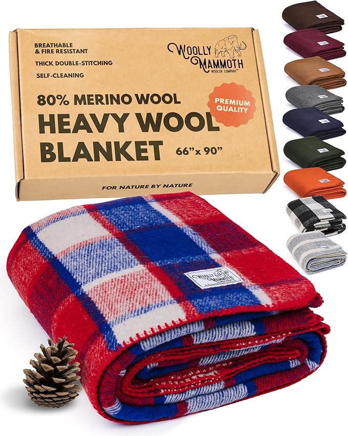 Woolly Mammoth Woolen Company Camping Blanket - 66 x 90 in, Red/White & Blue Plaid - Merino