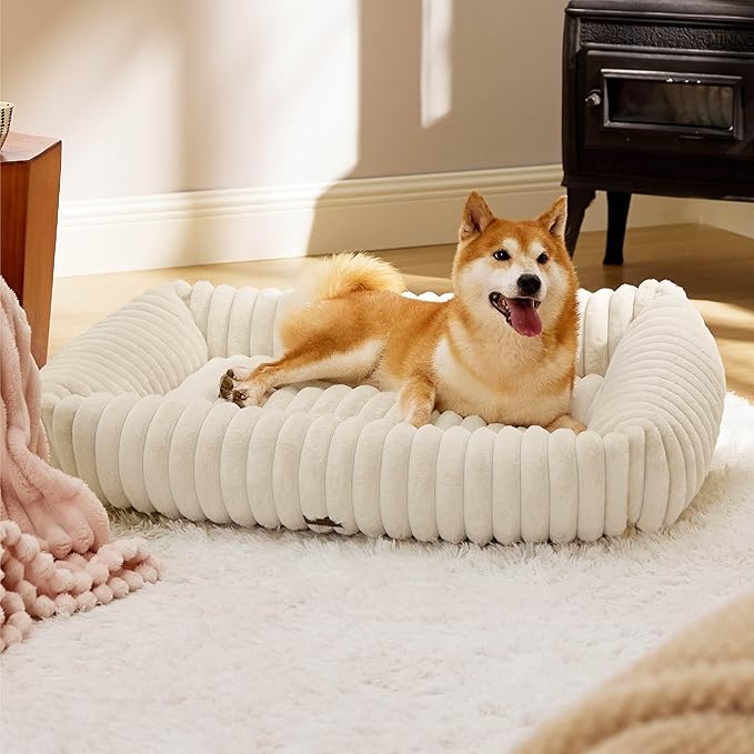 Bedsure Cute Dog Beds Large Sized Dog - Washable Furry Pet Beds, Rectangle Orthopedic Corduroy