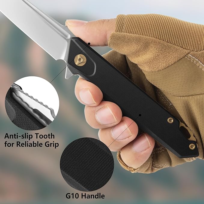 FLISSA Folding Pocket Knife, EDC Knife with D2 Steel Blade and G10 Handle, Pocket Clip, Suitable