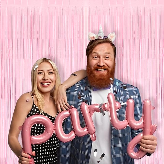 BRAVESHINE Pastel Pink Foil Fringe Curtains Tinsel Backdrop - 2 Pack Photo Booths Party Streamers