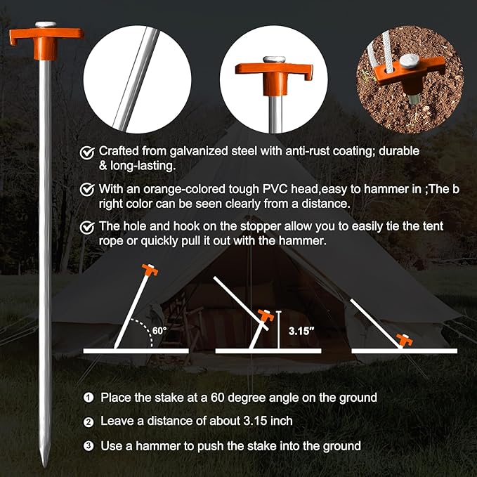 Eurmax USA Hiking Camping Tent Stakes and Hammer Set Lightweight Multi-Function Tent Hammer with