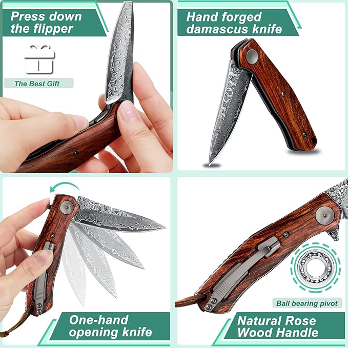 Benkey Damascus Folding Knife with Clip Leather Sheath Camping Knife EDC, Sharp Damascus Pocket