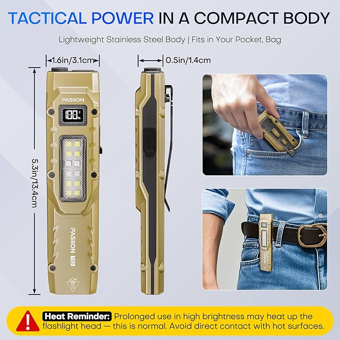EDC Tactical Flashlight, Flat Flashlights Rechargeable,Dual-Switches LED Small Flashlight with
