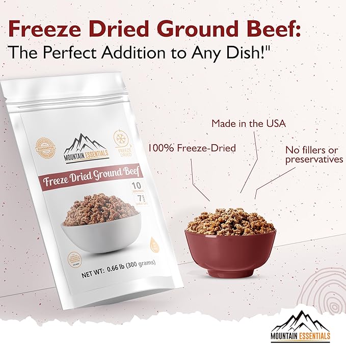 MOUNTAIN ESSENTIALS Freeze-Dried Ground Beef ??Pre-Cooked and Ready-to-Eat Hamburger Meat |