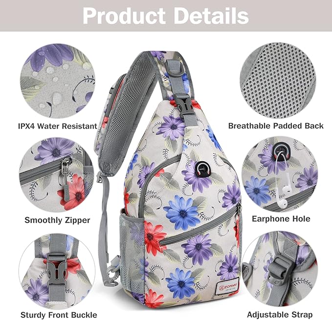 ZOMAKE Sling Bag,Small Crossbody Sling Backpack,Water Resistant Shoulder Daypack for Travel,Anti