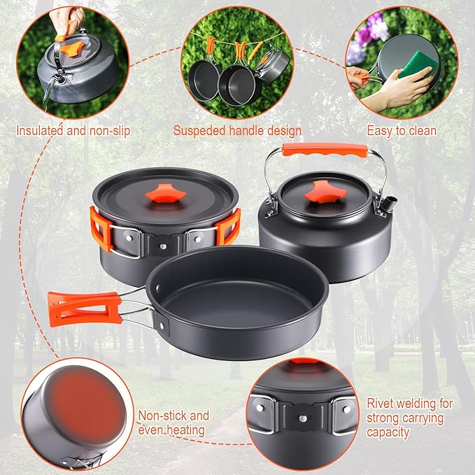 Soulchen 25 Pcs Camping Cookware Mess Kit Camping Pots and Pans Set with 2 Set Stainless Steel Cups