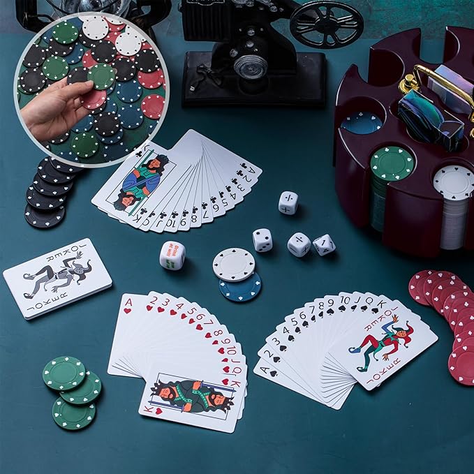 Wettarn Poker Chips Poker Set, 200 Count Rotating Chip Case Wood Carousel Case Holder with 200 Pcs