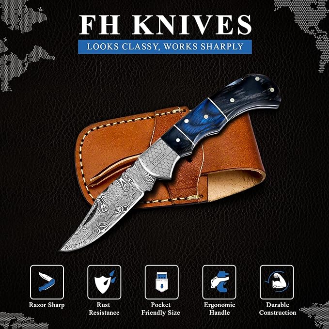 6.5' Personalized Engraved Damascus pocket knife for men Small folding knife for outdoor, camping