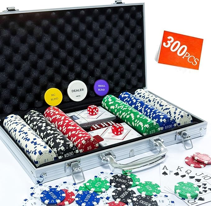 Poker Set with Denominations, 300-pcs 11.5g Weighted Numbered Chips, 5 Dice, 2 Decks with Compact