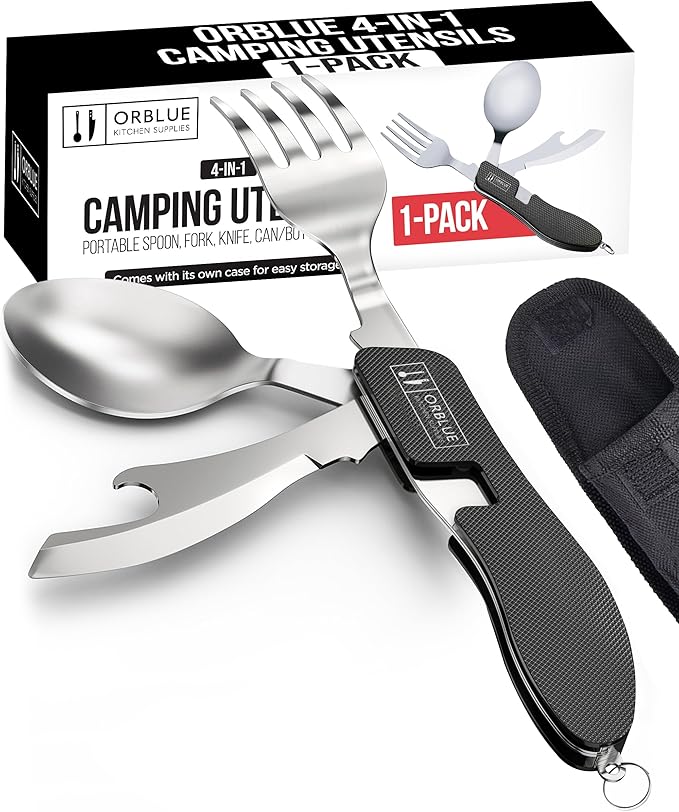 Orblue 4-in-1 Camping Utensils, 1-Pack, Portable Stainless Steel Spoon, Fork, Knife & Bottle Opener