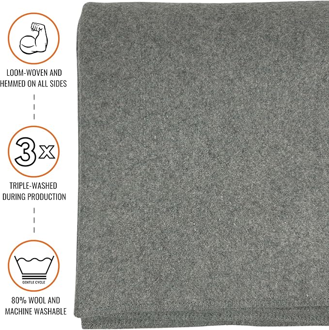Arcturus Military Wool Blanket - Warm, Thick, Washable - Great for Outdoors, Camping, Stadium