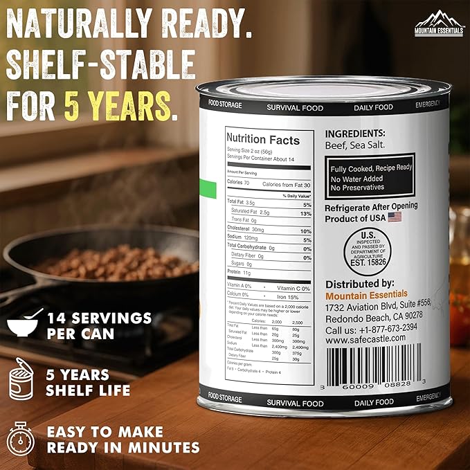 MOUNTAIN ESSENTIALS All Natural Canned Ground Beef 28 Oz – Fully Cooked, Ready to Eat Hamburger