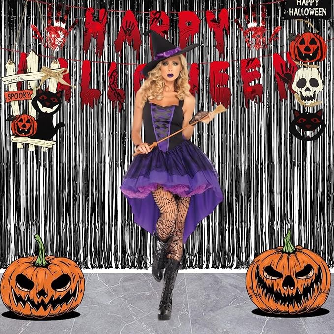 Foil Fringe Curtain Halloweens Party Decorations - Pure Black Tinsel Photo Backdrop Party Steamers