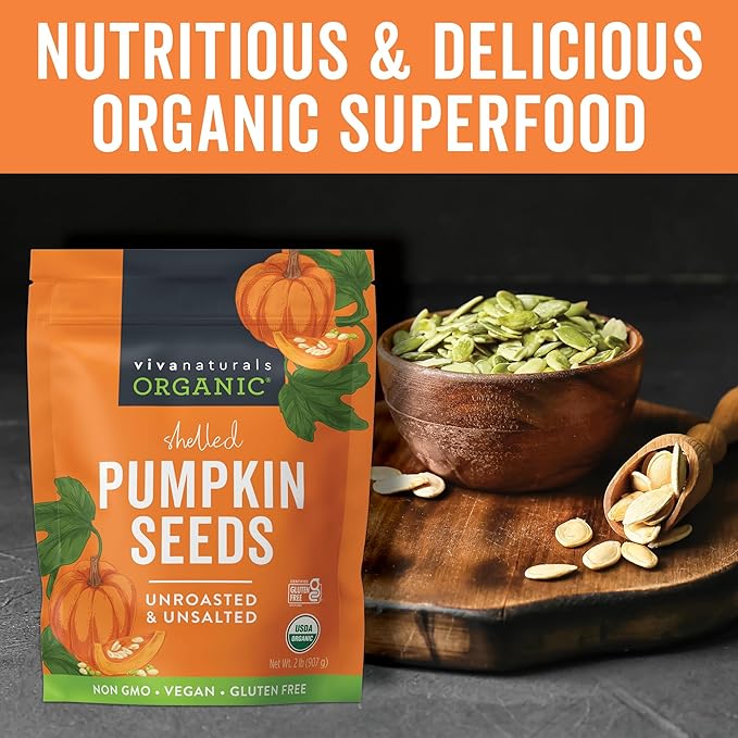 Viva Naturals Organic Pumpkin Seeds, 2 lb (32 oz, 907 g) – Shelled, Unroasted, Unsalted, Non-GMO