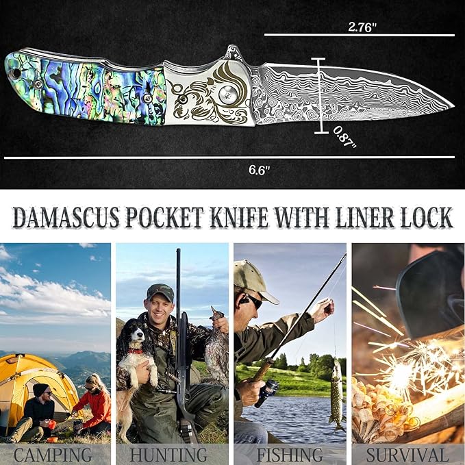 AUBEY EDC Damascus Pocket Knife with Leather Sheath, Abalone Shells Handle, Handmade Damascus Steel