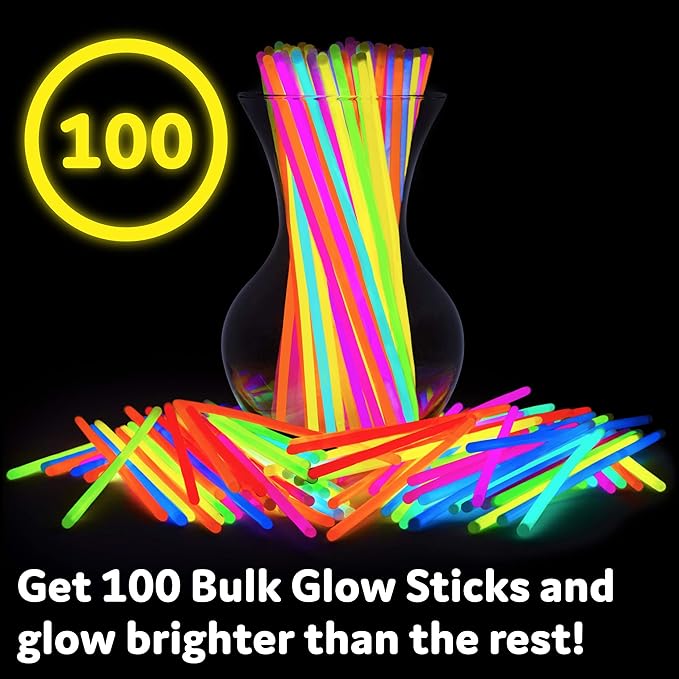 PartySticks Ultra Bright Glow Sticks Bulk Party Supplies 100 Pack - 8" Glow in the Dark Light Up