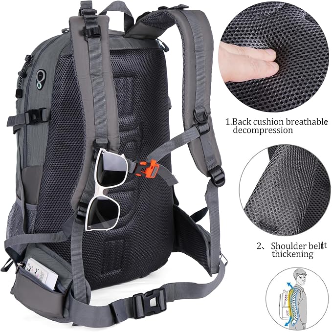 FENGDONG 40L Waterproof Lightweight Hiking,Camping,Travel Backpack for Men Women Gray